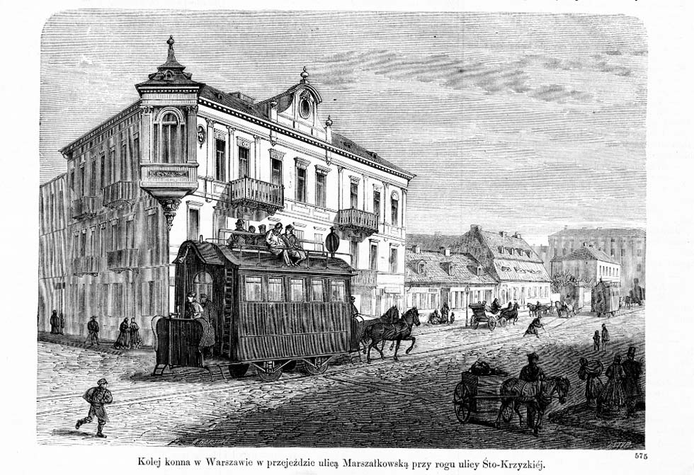 Варшавская конка проезжает по Маршалковской улице на углу улицы Свентокшиской. Рисунок 1867 г. Войцеха Герсона